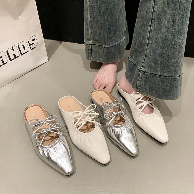 Women's Fashion Slippers 35-40 Pointed Toe Square Heels Thin Strap Bow Fashion Sandals Soft Leather Comfortable with Skirt Shoes