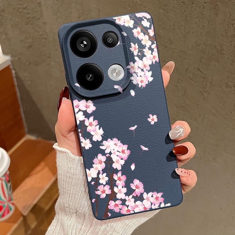 Rosa Pfirsichblüten Blumenmuster Hülle Für Xiaomi 14T 13T 11T Pro Funda Redmi Note 14 13 12 11 Pro 5G 4G Lederstruktur Silikonabdeckung