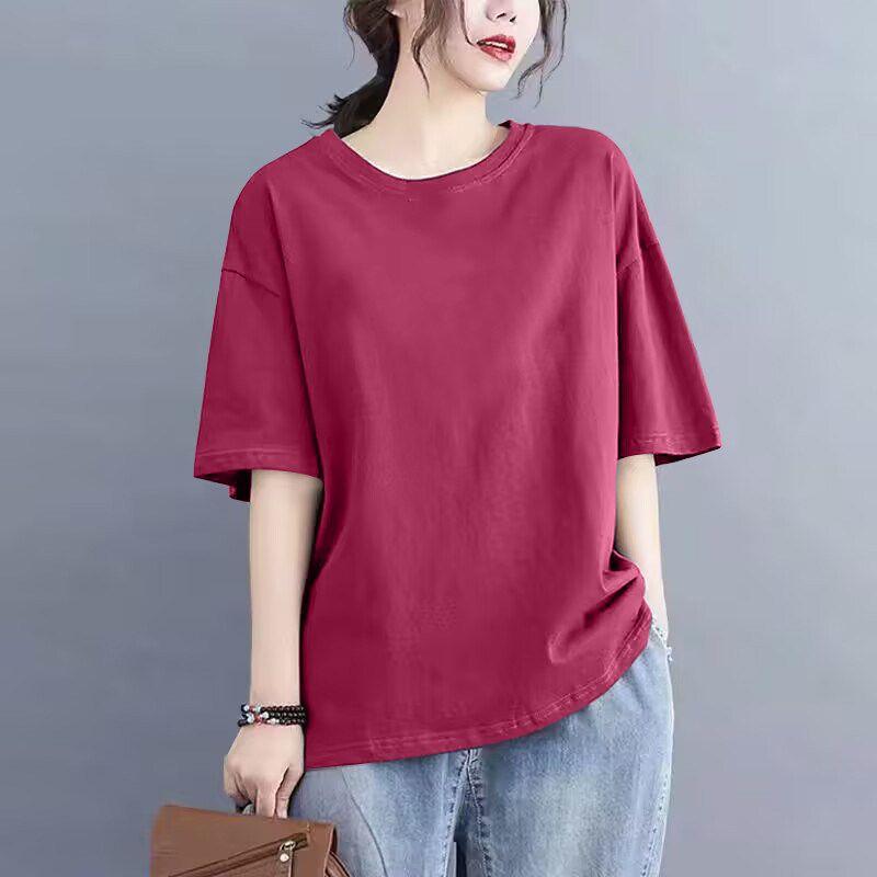 

Brand Foreign Trade Export 100% Cotton Fashion Short sleeve T-shirt Women s Summer Casual Hide Meat Slimming T-shirt Top Fashion Maroon Red (Solid Color) L (Recommended 57.5-65kg)