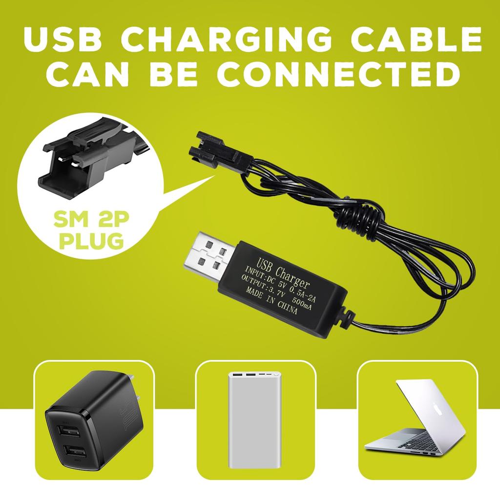 2PCS 3.7V 1600mAh Li-ion Battery with SM-2P Plug and USB Charging Cable for 9962 8837 Remote Control Toy Cars, RC Remote Control Vehicles,