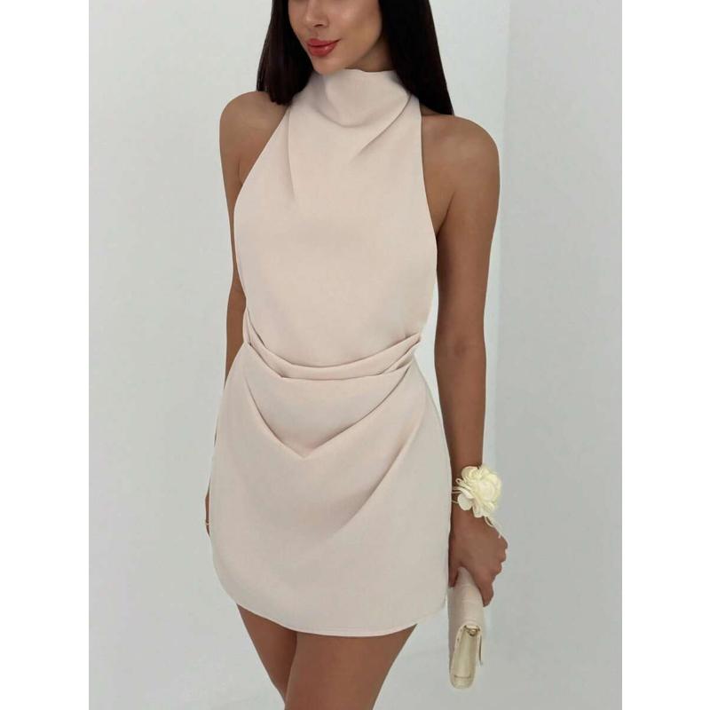 Women's Satin Halter Neck Mini Dress Backless Draped Waist Sleeveless Elegant Cocktail Party Evening Clubwear Short Dress 4 Colors