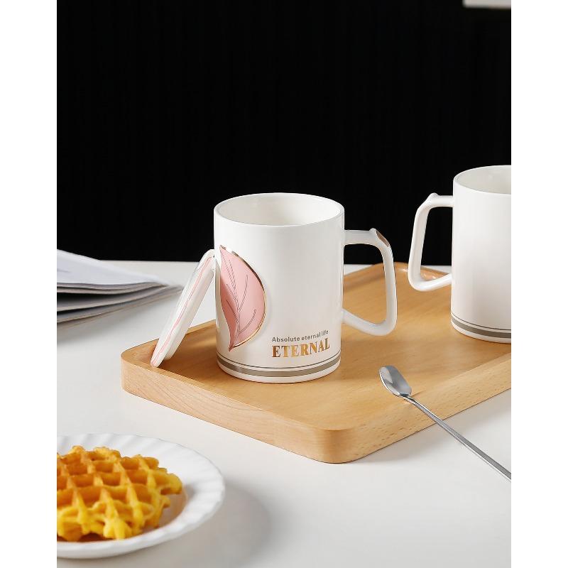 Creative Embossed Gold Leaf Ceramic Cup with Lid Spoon Afternoon Tea Coffee Cup Couple Mug Exquisite Souvenir Cup
