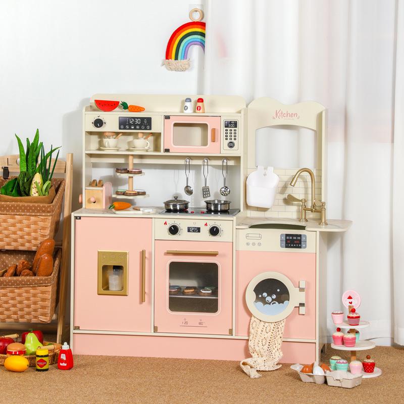 

Pink Wooden Play Kitchen Set with Refrigerator for Kids - Early Educational Toy for Boys and Girls