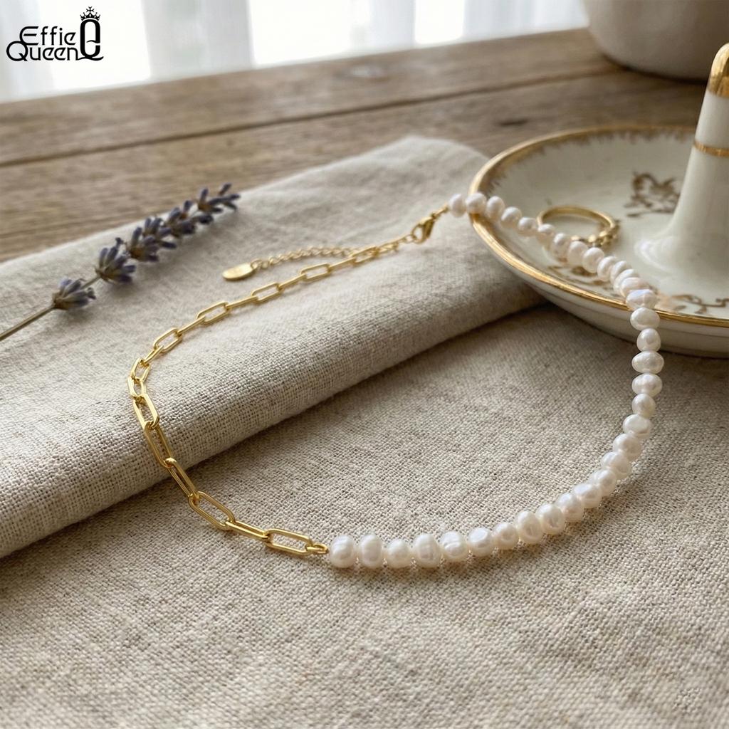 EFFIE QUEEN 925 Sterling Silver Elegant 14K Gold Natural Freshwater Pearls Choker Necklace Paperclip Chain Strand Present GPN13
