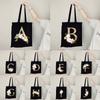 Gold Letter Flower Canvas Bag Women's Shopping Bag Reusable Large Capacity Portable Handbag Harajuku Student Shoulder Bag