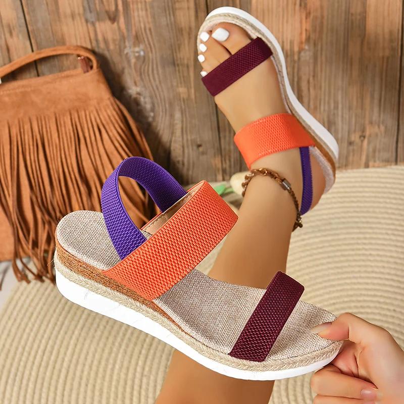 Fashion Fashion Mix Color Wedges Sandals Women Light Fabric Platform Sandals Woman Summer Plus Size 43 Thick Sole Non-Slip Sandalias