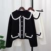 Autumn and Winter New Contrasting Color Doll Collar Knitted Double-sided Cardigan Loose Short Temperament Sweater Jacket Women