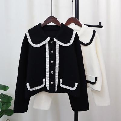 Autumn and Winter New Contrasting Color Doll Collar Knitted Double-sided Cardigan Loose Short Temperament Sweater Jacket Women