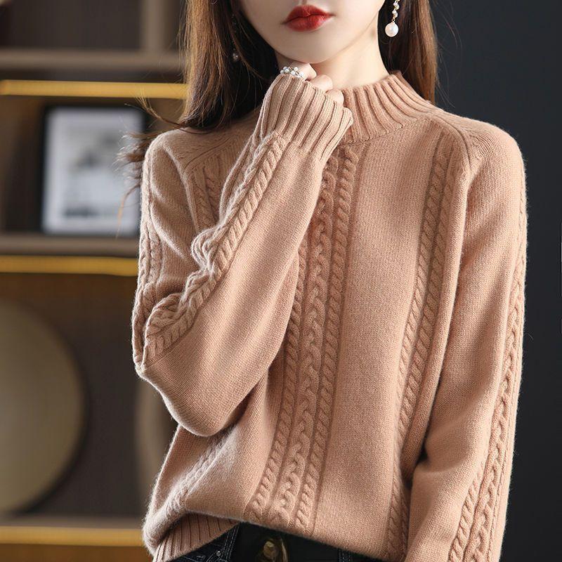 Autumn and Winter Women's Semi High Neck Pullover Sweater Long Sleeve Thick Versatile Loose Pullover Sweater