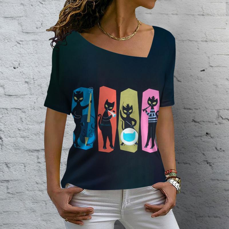 Roztomilá dámská trička Letní 3d Butterfly Cat Potisk Topy Tričko Street Denní oblečení s výstřihem do V Tričko nadměrné velikosti pro ženy Oblečení