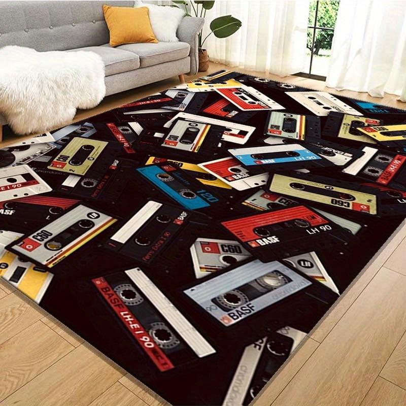 Retro Cassette Tape Design Area Rug - Non-Slip, Durable Polyester Floor Mat with Vintage Music Recording Aesthetic for Living