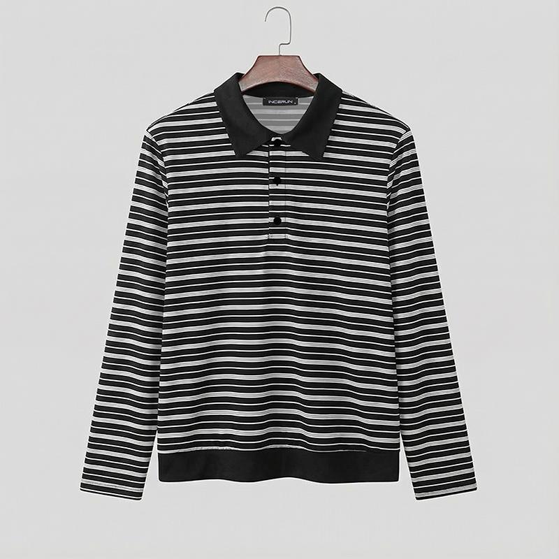 INCERUN Men Lapel Neck Long Sleeve Striped Patchwork Casual T-shirts Tops