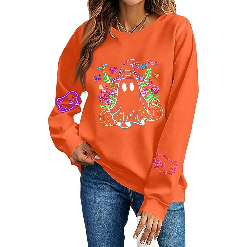 Women's Long Sleeve Halloween Print Neck Sweatshirt Top for Fall Festive Wear