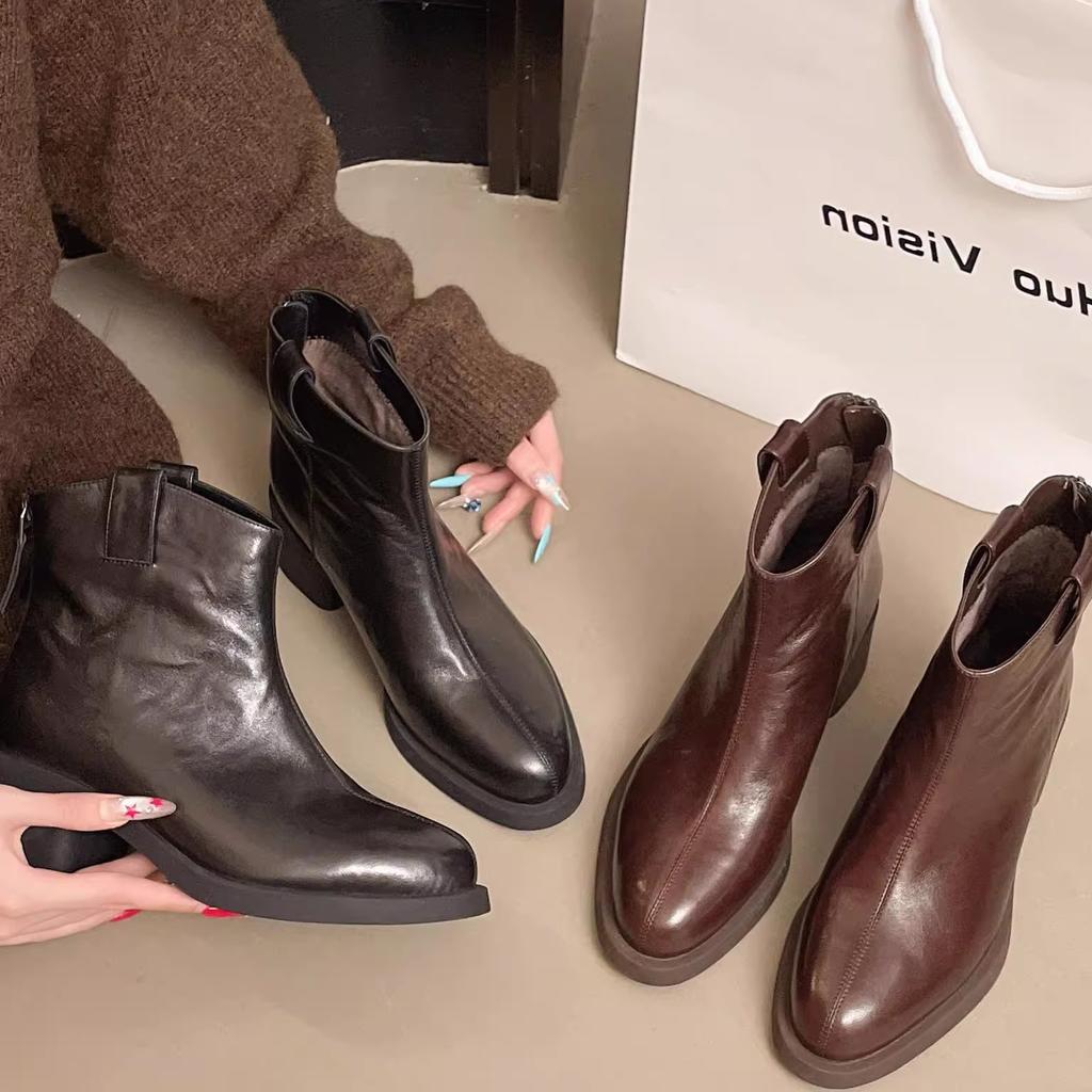 Leather cowhide western cowboy boots women's short boots thick heel new velvet Martin boots