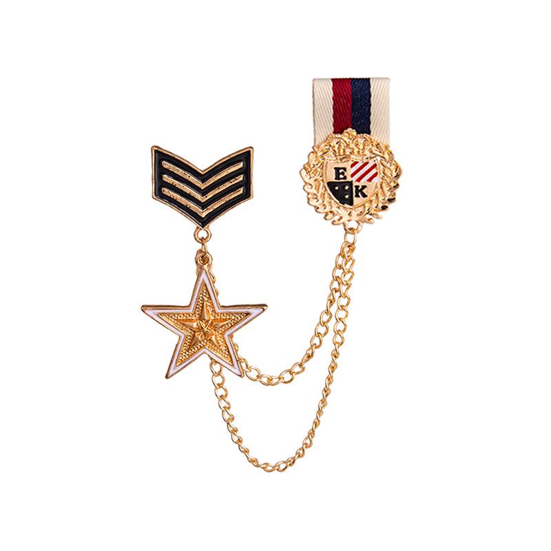 British Retro Shield Double Layer Chain Tassel Brooch with Eight-Pointed Star Emblem Lapel Pin
