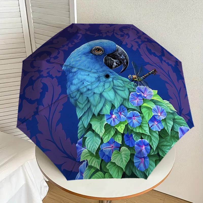 1pc Parrot Flowers Automatic Folding Umbrella 8 Rib Iron Frame,  Suitable for Travel, Daily Use, Birthday, Women & Men Gift