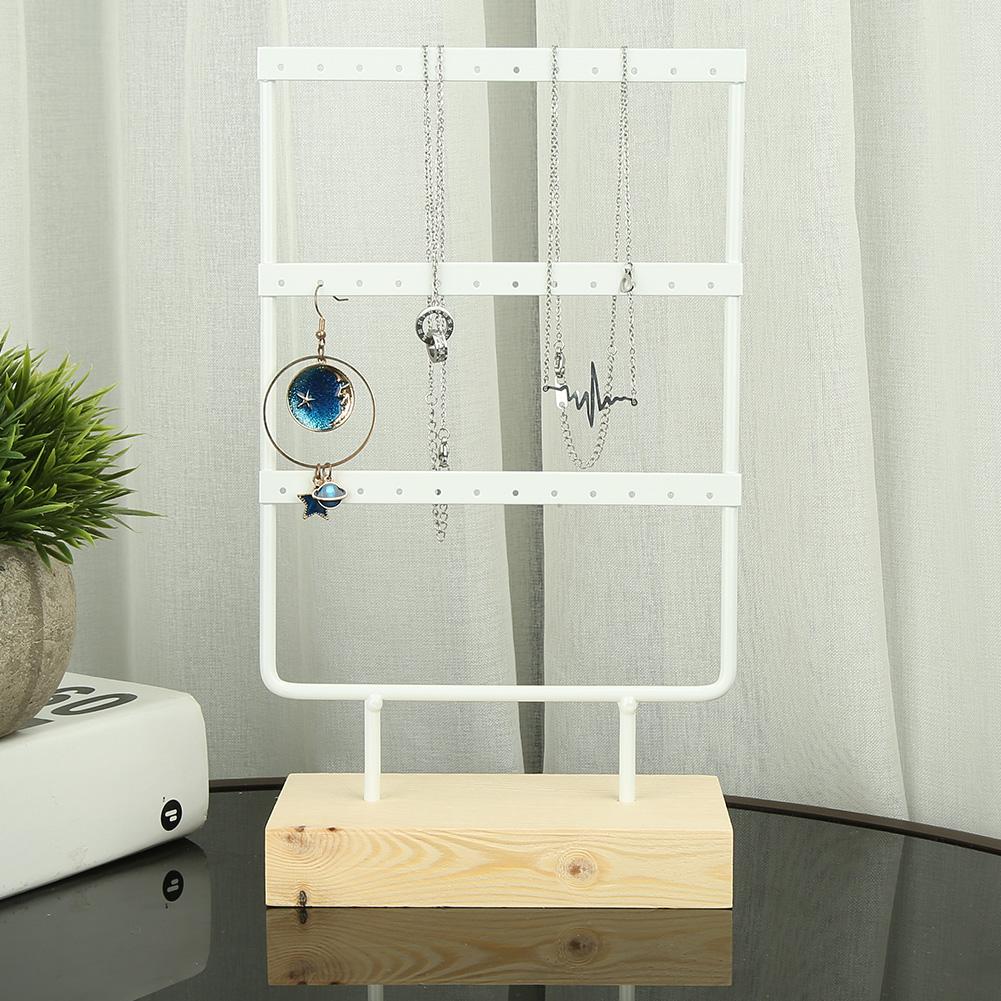 36 Holes Metal Jewelry Storage Rack Display Stand Earrings Necklace Organizer with Wood Base