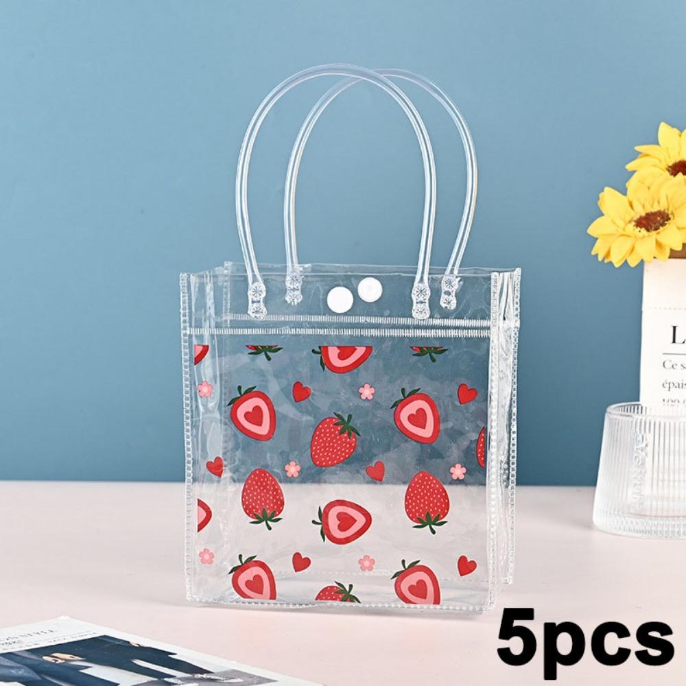 5pcs Strawberry Clear Gift Bags Cute Fruit Party Favor Bags with Handles Shopping Bag Red Heart Strawberry Bags Treat Tote Bags Gift Wrap Bags Handbag