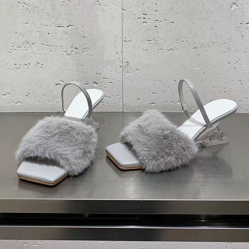 Fur Women Slippers Mid Heels Designer Shoes Dress New Woman Sandals 2025 Summer Elegant Pumps Luxury Zapatillas De Mujer