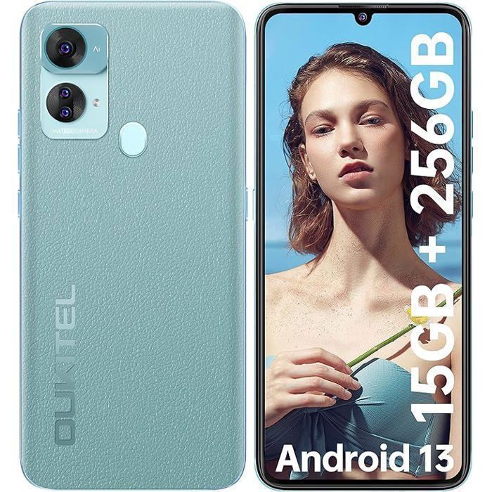 OUKITEL C33 Smartphone Pas Cher 15Go+256Go Telephone Portable Caméra 50MP 6.8" HD+ 5150mAh Smartphone Dual SIM/Face ID/GPS, Bleu