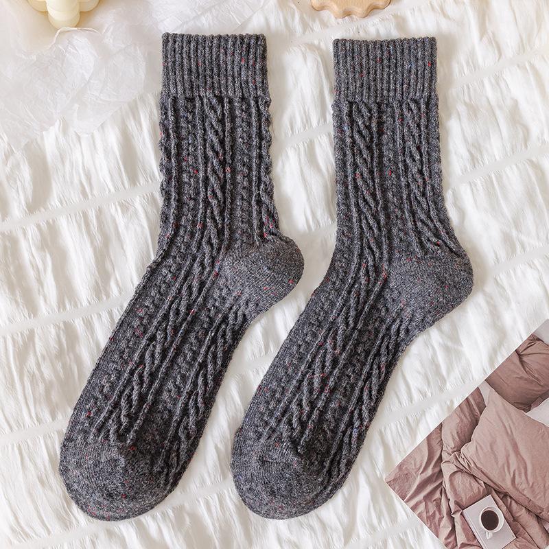 Wool Socks Children'S Season Mid-Tube Socks Versatile Solid Color Retro Twist Pattern Fleece Thickened Warm Pile Socks Women