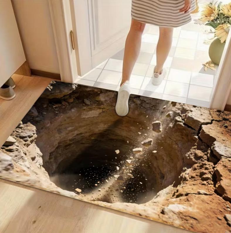 Optical Illusion Endless Abyss Pattern Printed Anti Slip Door Mat Deep Pit Surface Rock Forming 3D Illusion Design Floor Mat