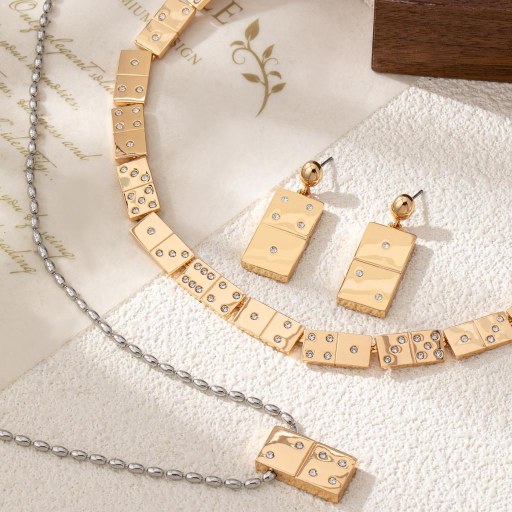Hot-selling mahjong block inlaid zircon jewelry set versatile trendy neck chain