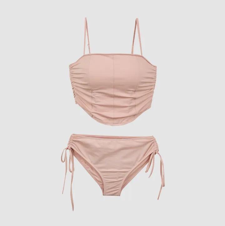 2024 Korean-Style Women's Split Swimsuit: Girl's Tube Top Drawstring Bikini for Resorts & Hot Springs