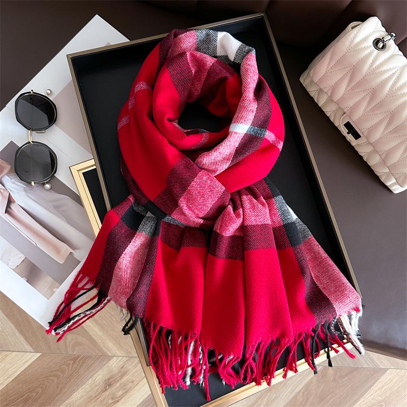 2024 Trendy Unisex Plaid Cashmere-Feel Tassel Shawl Snood Scarf for Autumn/Winter