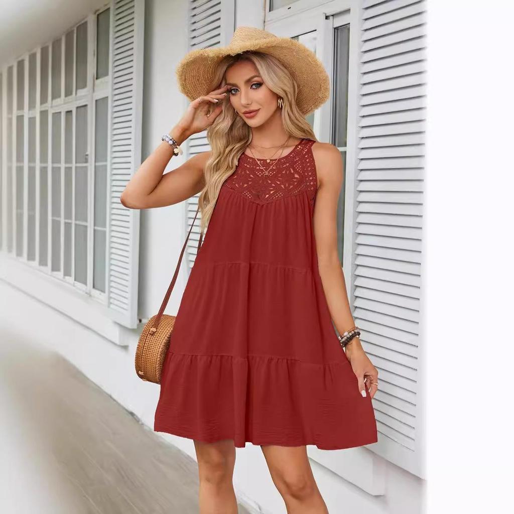 European-American Women's Lace Patchwork Halter A-Line Dress - Spring/Summer 2025 Collection