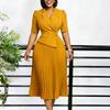 Women's Lapel Collar Three Quarter Sleeve Midi Pleated Dress Fitted High Waist Elegant Solid Office Commute Dress