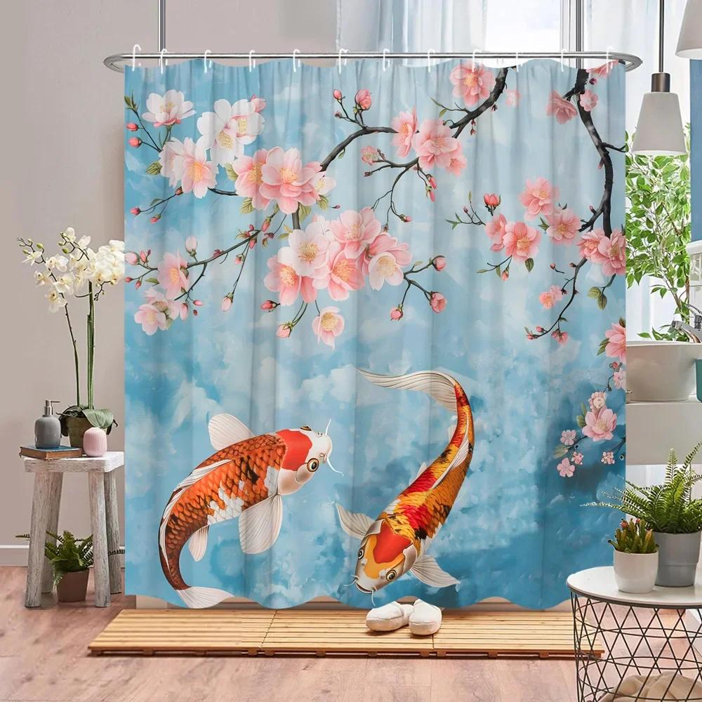Koi Shower Curtain Asian Landscape Cherry Blossom Plant Pond Lotus Leaf Ink Painting Art Polyester Fabric Bathroom Decor Curtain