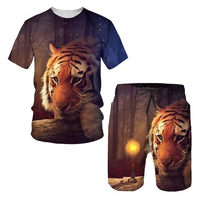 Tricou/costumul cu imprimeu 3D The Tiger, cu mâneci scurte, cu gâtul O, pantaloni de plajă pentru bărbați, set de 2 bucăți, îmbrăcăminte sport pentru cuplu, pantaloni scurți de înot