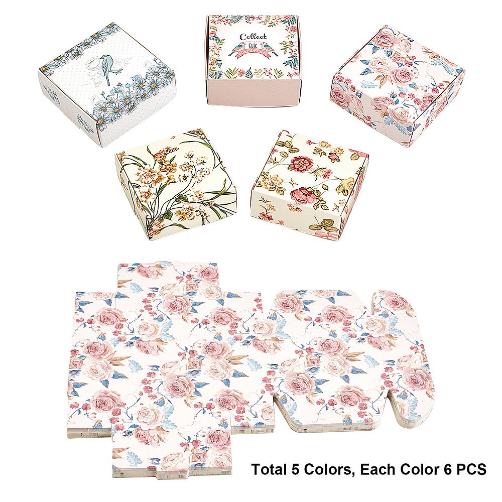 1set Flower Pattern Paper Gift Boxes Folding Boxes for Jewelry Square Mixed Color 7.5x7.5x3cm 5 colors 6pcs/color 30pcs/set