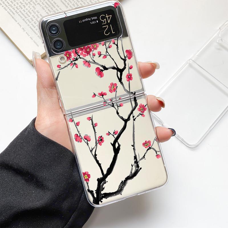 Phone Case For Samsung Galaxy Z Flip 3 4 5 Hard Folding Clear PC Bumper Flower For Samsung Z Flip 6 Back Cover