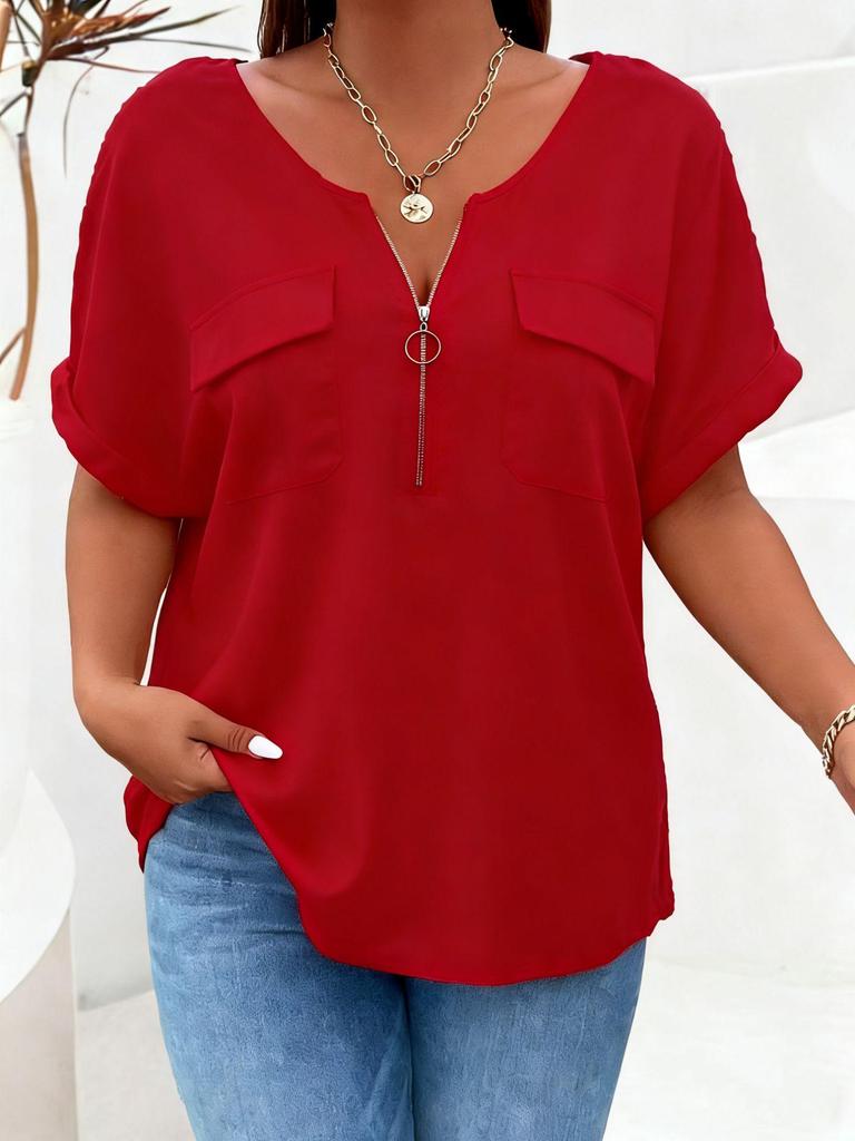 2026 Spring-Summer Solid Color Plus Size Women's Zipper Pocket Short Sleeve Loose T-Shirt