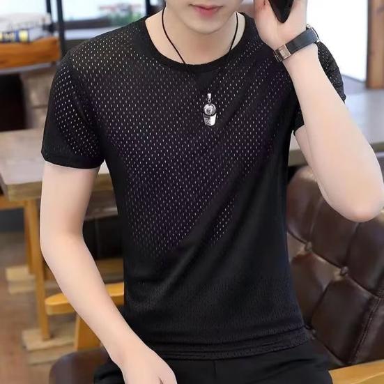 Men Top Breathable Round Neck Quick Dry Mesh Design Short Sleeve All-matched Solid Color Men Summer Top Outing Clothing