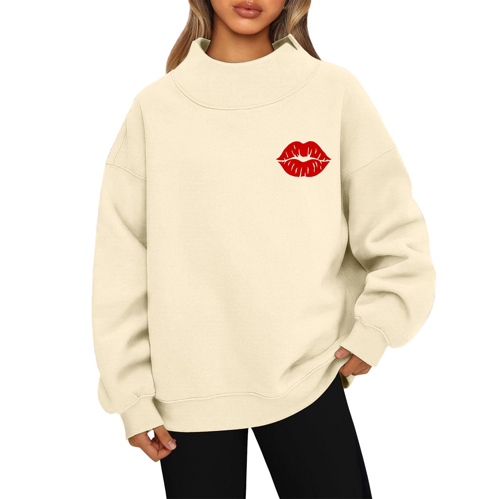 

Women s Valentine s Day Print Fashion Loose High-Collar Long Sleeve Color Sweatshirt Pullover L бежевый