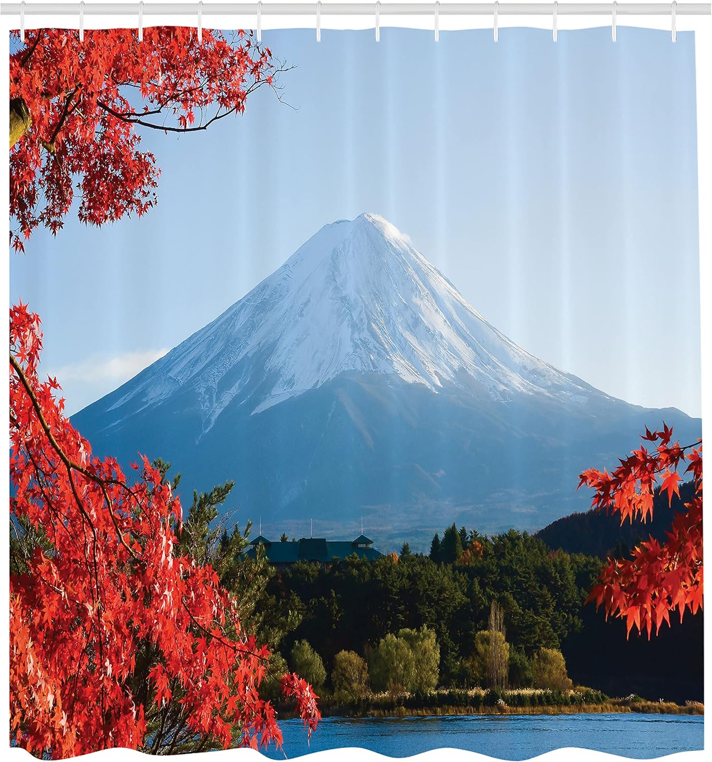 

Mount Fuji Shower Curtain With Hooks Snow-Capped Peak, Autumn Maple Trees Lake View, Paprika Blue Green Nature Landscape Decor W60H190(CM)-1 Pcs