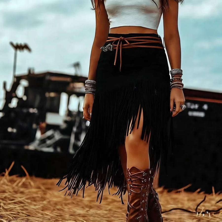 Coffee Fringe High-Waisted A-Line Pleated Puffy Skirt for Women Autumn Fashion