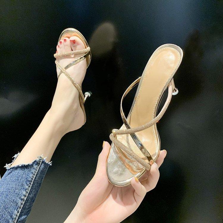2025 Summer New High-heeled Mid-heeled Shoes Round Head European and American Slippers One-character Rhinestone Sandals Women's Summer Wear