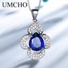 UMCHO Luxury Blue Sapphire Pendants Necklaces for Women Water Drop Flower Necklace with Chain Party Jewelry