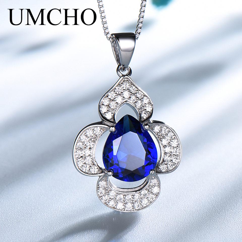 UMCHO Luxury Blue Sapphire Pendants Necklaces for Women Water Drop Flower Necklace with Chain Party Jewelry