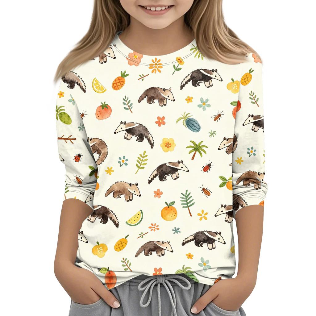 Kids Animal Print Crew Neck Three Quarter Sleeve Casual T Shirt Soft Fabric Comfortable Fit Lightweight Design for Everyday Wear