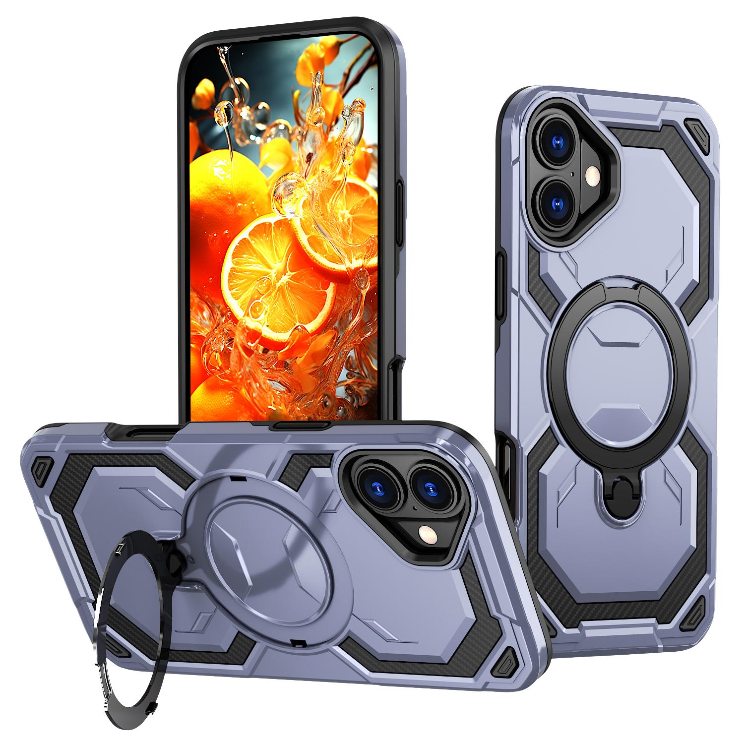 

For iPhone 16 Plus Magnetic Case Ring Kickstand PC + TPU Hybrid Phone Cover