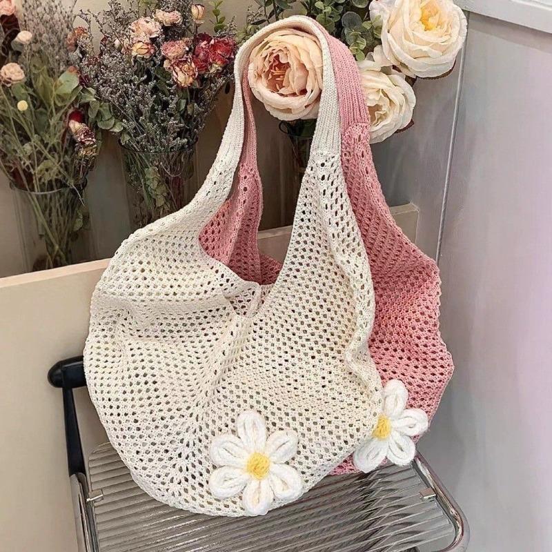 Lazy wind woven tote bag women's spring summer hollow simple knitted bag large capacity seaside vacation shoulder bag