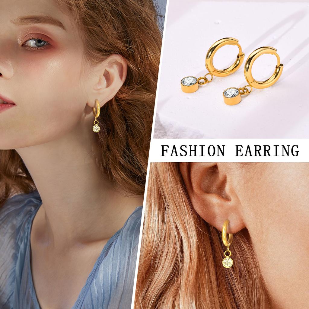 12 Colors Birthstone Huggie Earrings for Women, PVD Gold Color Tone Stainless Steel Brilliant AAA Cubic Zirconia Dangle Ear Clip