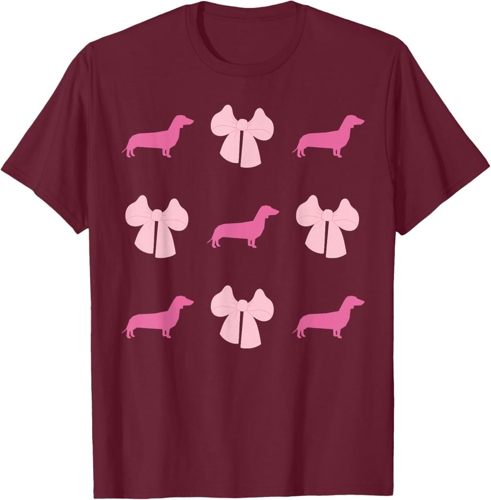 Pink Dachshund Bow Pattern Graphic Tee Cute Wiener Dog Lover Short Sleeve T-Shirt