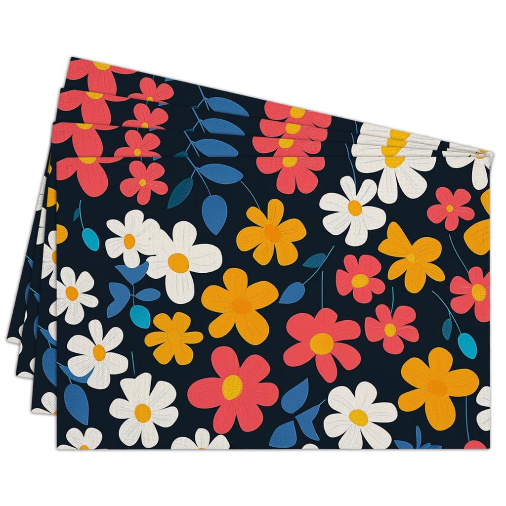 Cotton Linen Waterproof Placemats Set of 4, Daisy Floral Dining Mat Table Mats Decor