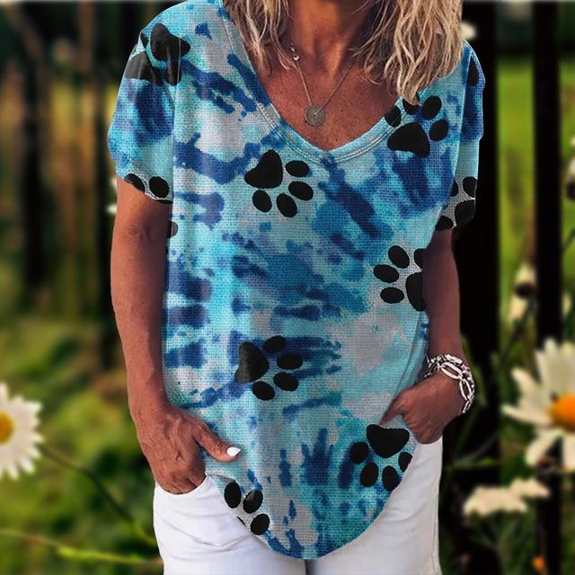 Tričko pro ženy Potisk Kočičí Dívčí Tričko Móda Léto Krátký rukáv Výstřih do V Ležérní Volný Top Oversized Dámská Streetwear Košile